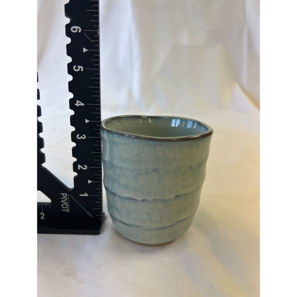Handcrafted Ceramic Japanese Tea Cup Blue Glaze 3.5 Inches Tall Textured Finish - Picture 2 of 2